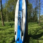 iRocker Cruiser 10’6 standup paddleboard – bottom view with fiberglass SUP paddle